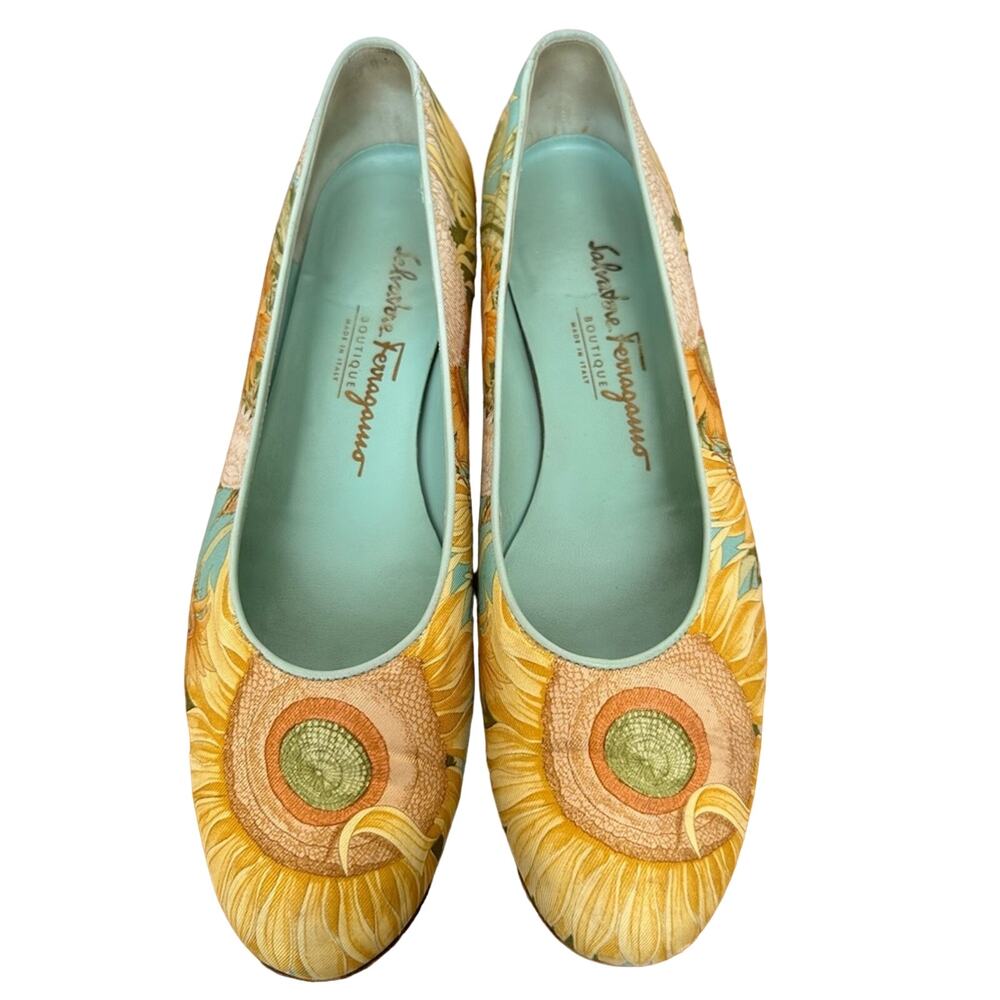 Salvatore Ferragamo Sunflower Silk Fabric Yellow Blue Flats 8.5